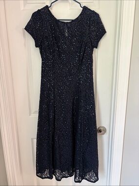 Macy's Navy Sequin Lace Midi Dress with Short Sleeves